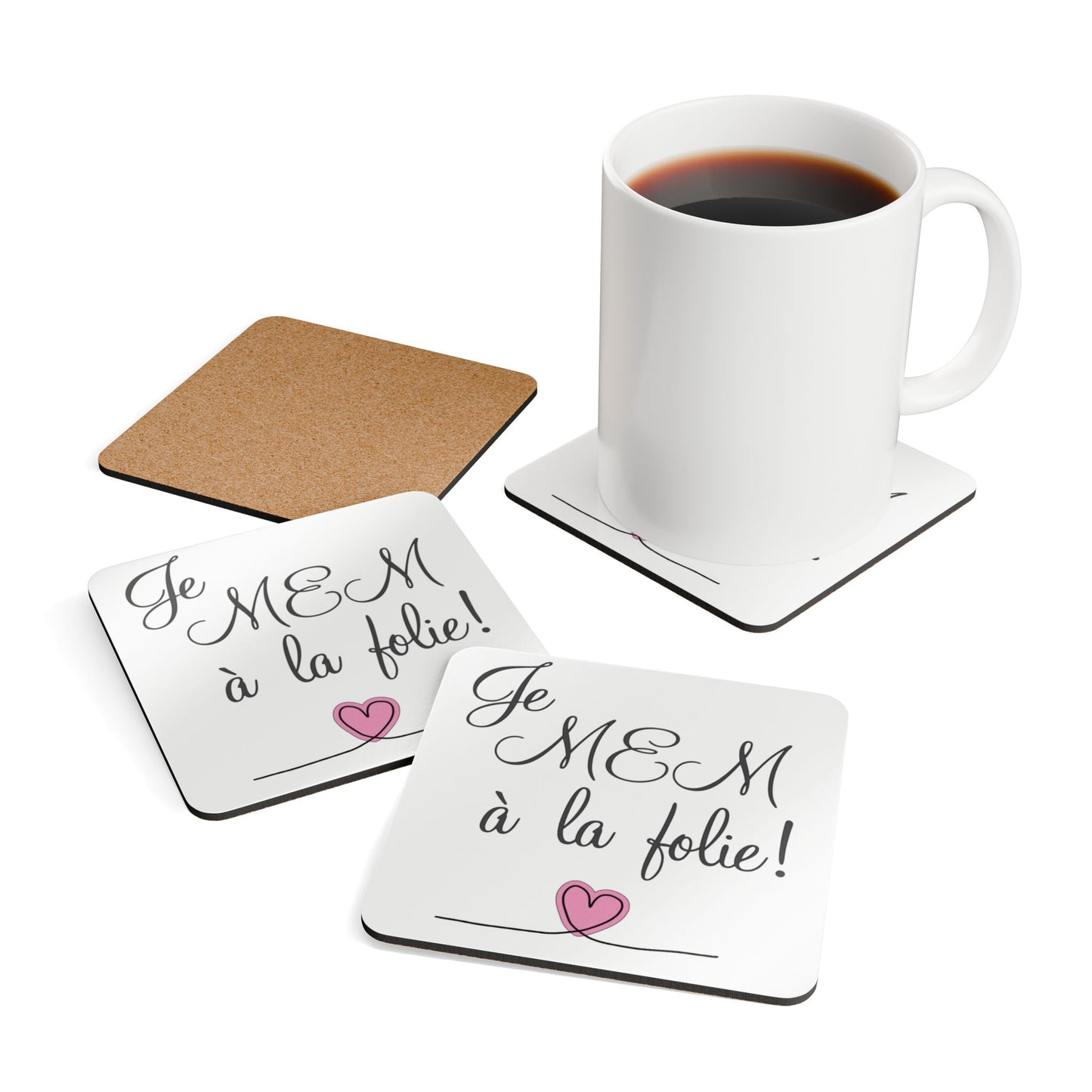 Je MEM à la Folie by Marie-Ève Mongrain Chic Cork Coaster Set -Unique Gift, Table Protection, French Quote, Cozy Atmosphere