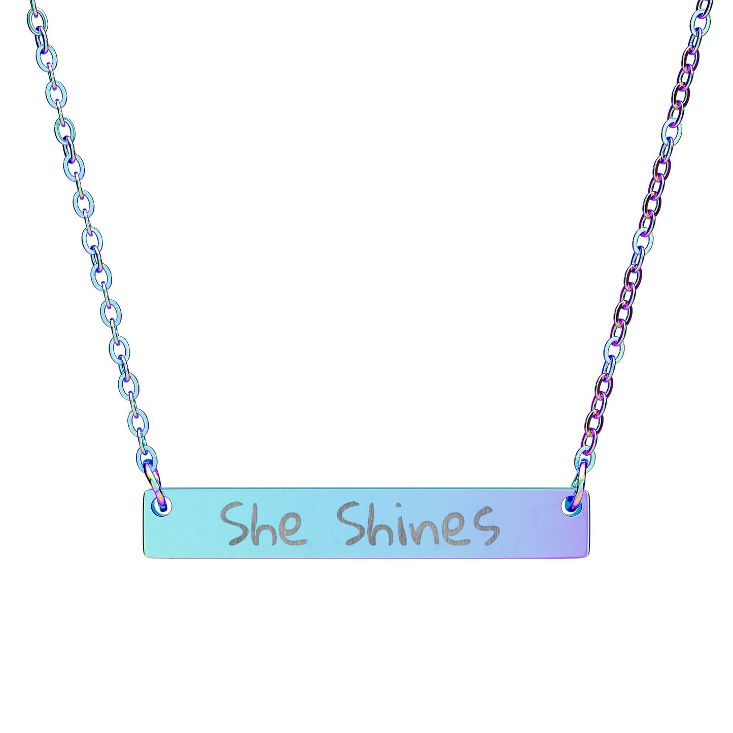 Wear the song Engraved 'She Shines' by Marie-Ève Mongrain Horizontal Bar Necklace — Personalized Inspirational Jewelry