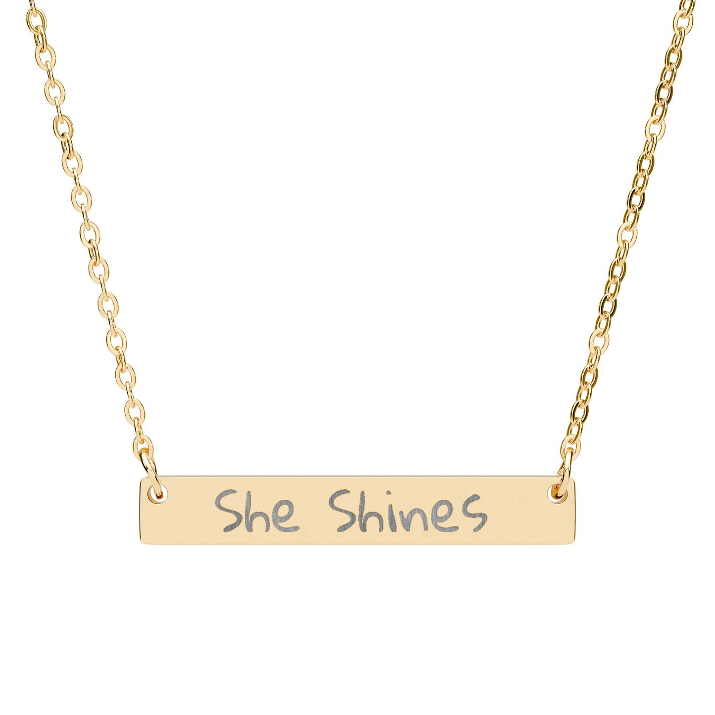 Wear the song Engraved 'She Shines' by Marie-Ève Mongrain Horizontal Bar Necklace — Personalized Inspirational Jewelry