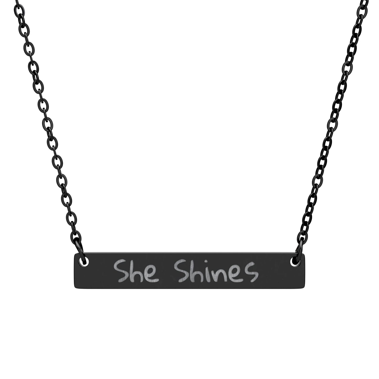 Wear the song Engraved 'She Shines' by Marie-Ève Mongrain Horizontal Bar Necklace — Personalized Inspirational Jewelry