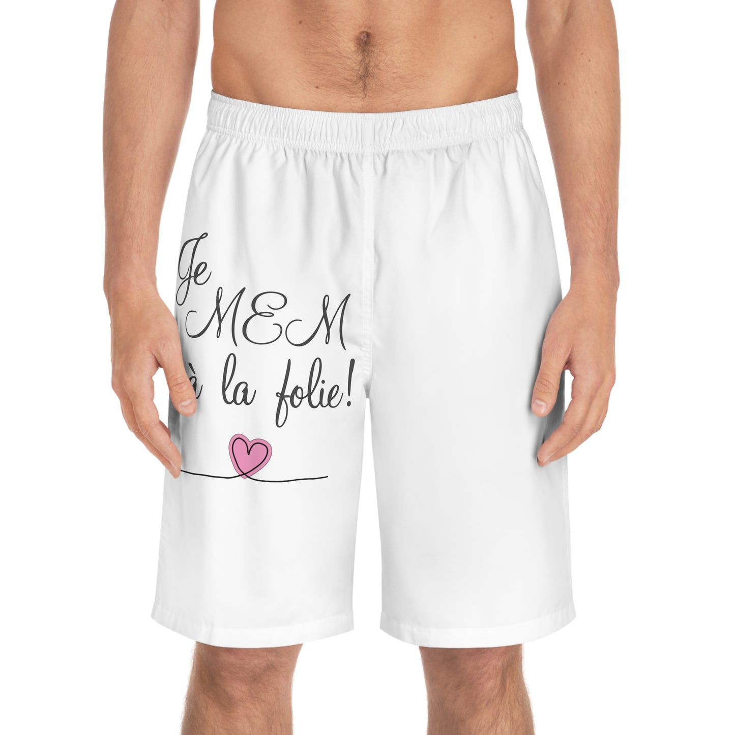 Je MEM à la Folie par Marie-Ève Mongrain, Men's Board Shorts with Inspirational Design - Perfect for Beach Days, Summer Fun, Pool Parties, Gifts for Him, Vacation Ready