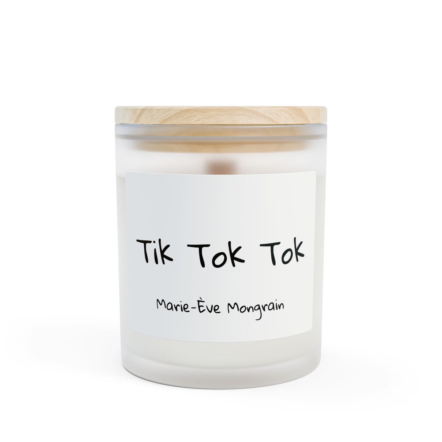 Burn the song "Tik Tok Tok" by Marie-Ève Mongrain  Frosted Glass Candle — 11oz Scented Soy Candle with Wooden Lid