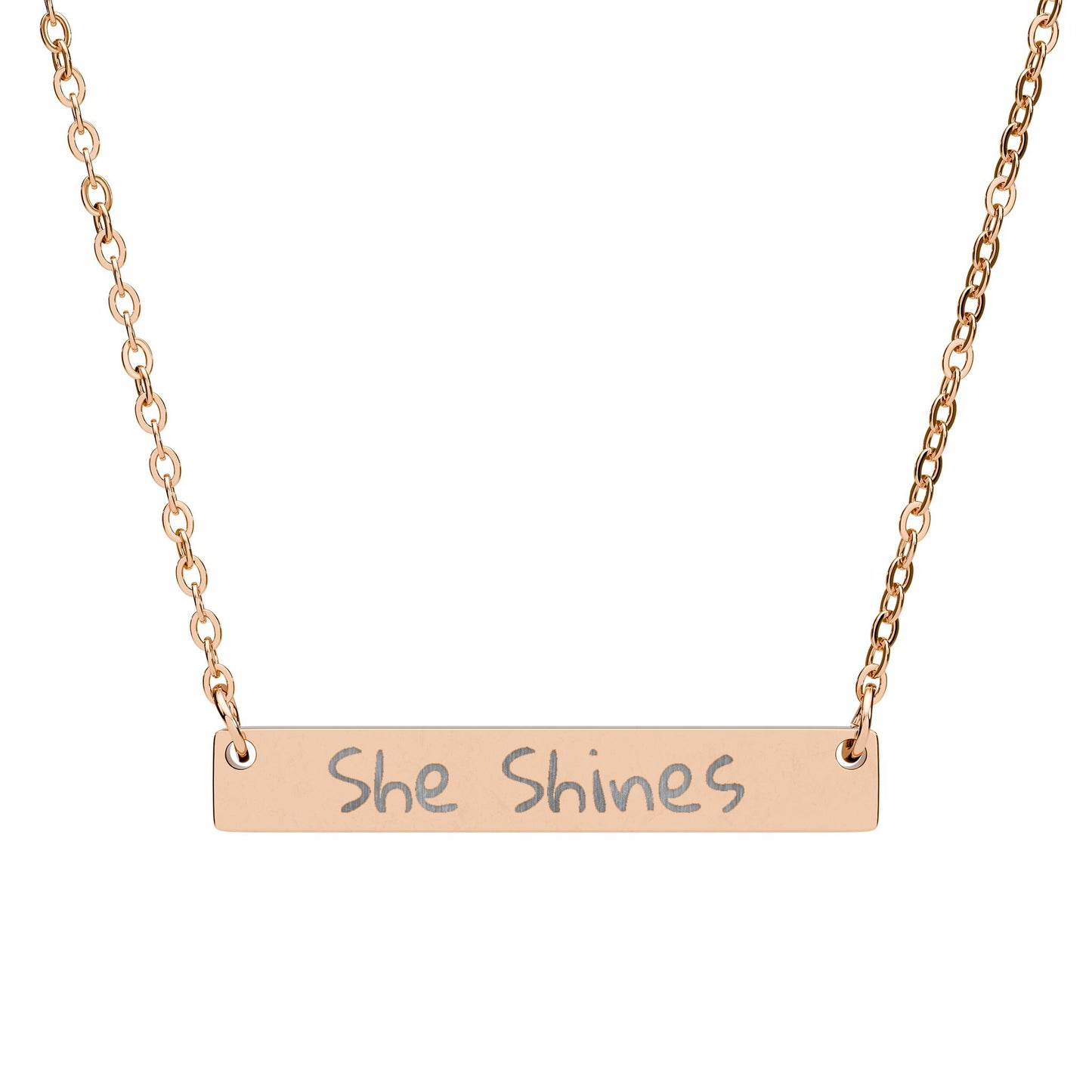 Wear the song Engraved 'She Shines' by Marie-Ève Mongrain Horizontal Bar Necklace — Personalized Inspirational Jewelry