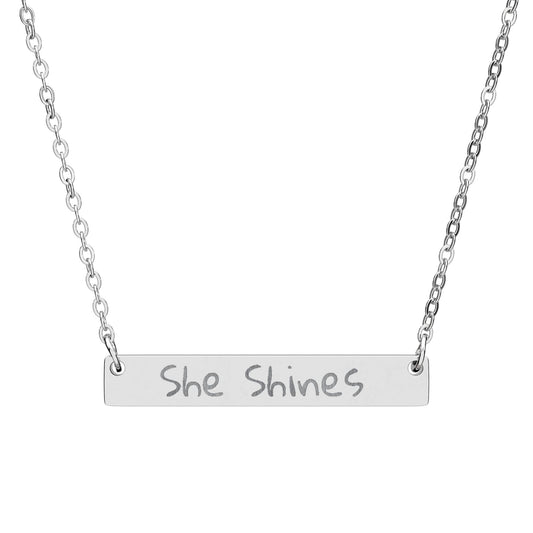 Wear the song Engraved 'She Shines' by Marie-Ève Mongrain Horizontal Bar Necklace — Personalized Inspirational Jewelry